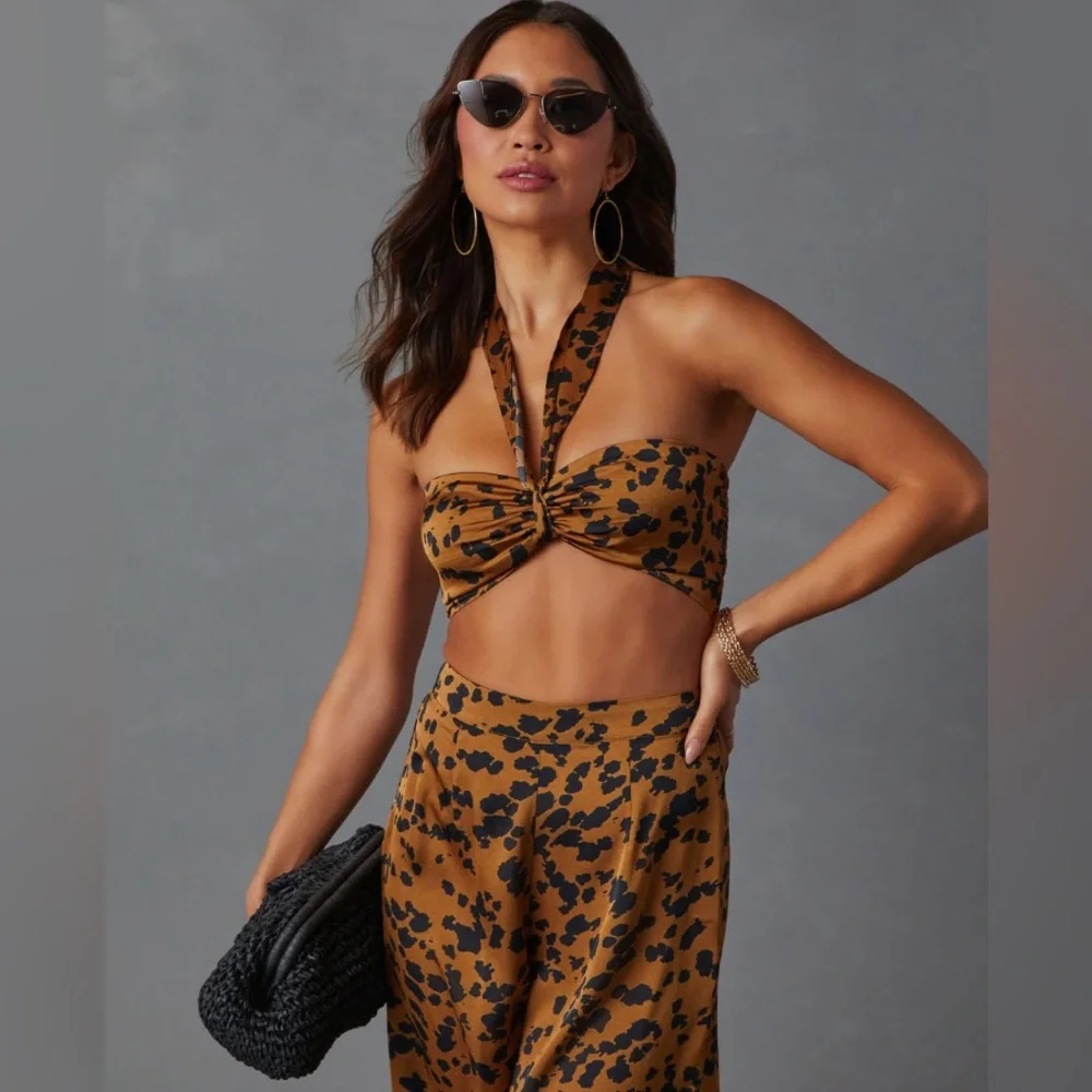 NWT Easy Tiger Animal Print Wide Leg Pant & Smocked Halter Bra Top - Picture 1 of 7